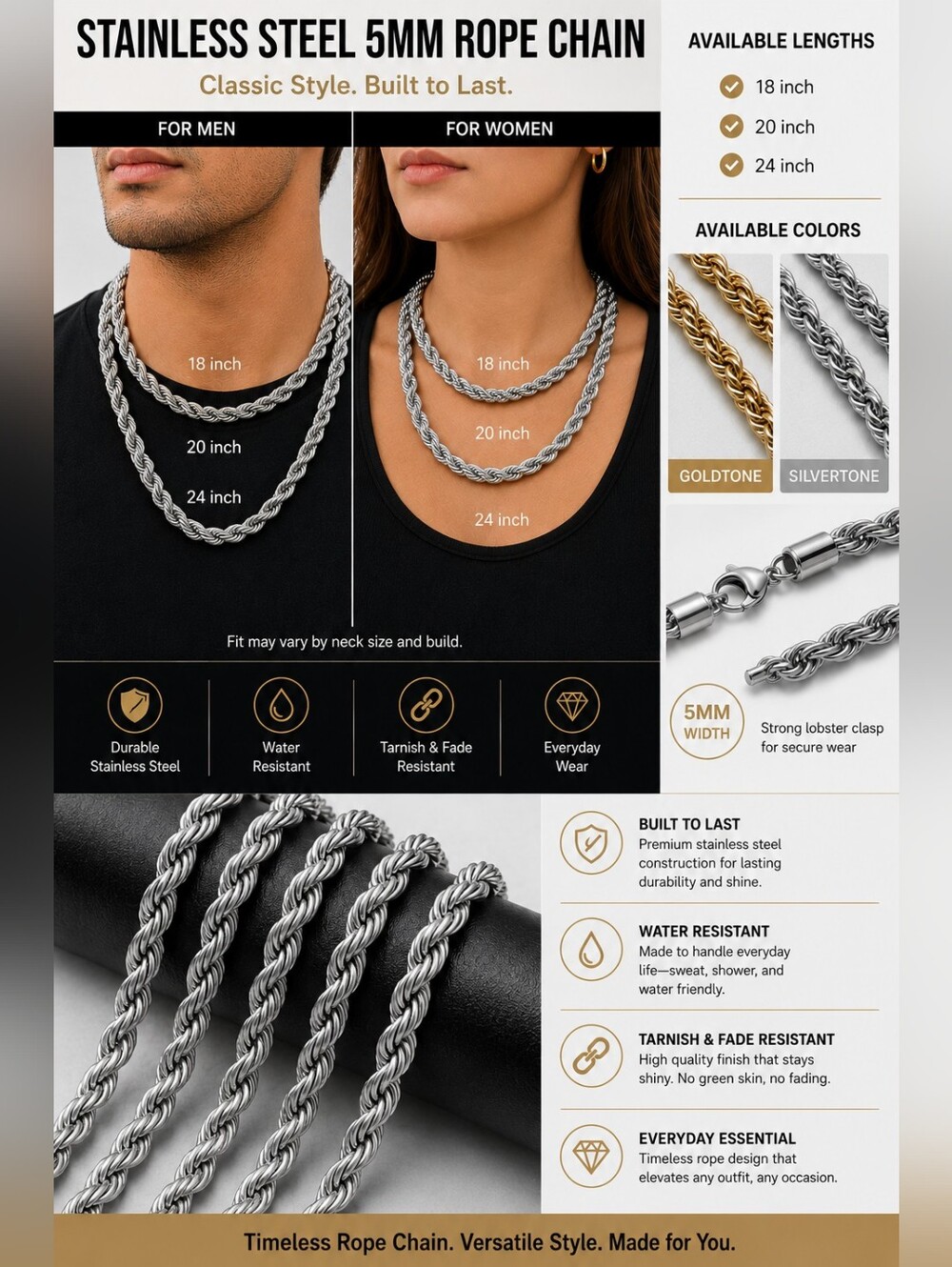 5mm Stainless Steel Rope Chain Goldtone Or Silvertone